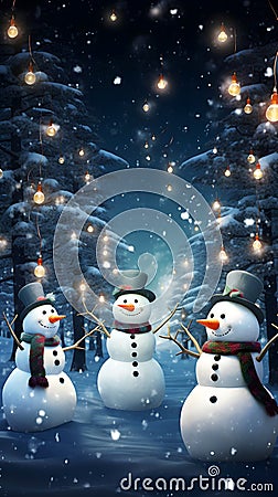 Festive snowmen come alive in a magical forest at night, dancing and celebrating in a whimsical and enchanting Christmas Stock Photo