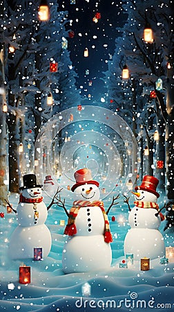 Festive snowmen come alive in a magical forest at night, dancing and celebrating in a whimsical and enchanting Christmas Stock Photo