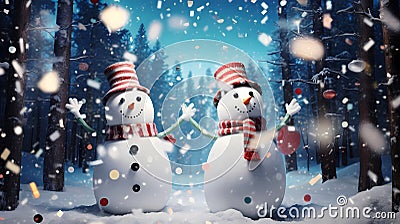 Festive snowmen come alive in a magical forest at night, dancing and celebrating Stock Photo