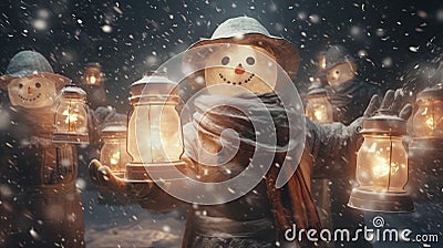 Festive snowmen with kerosene lamps in their hands, snowstorm Stock Photo