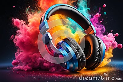 Festive splash of colors and lights from exploding stereo headphones on music sound Stock Photo