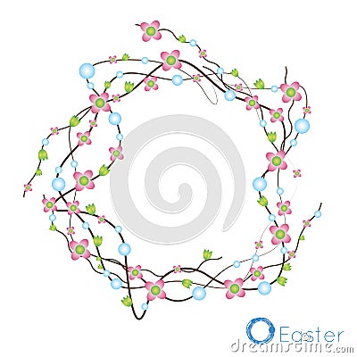 Festive spring wreath of dried twigs and small curved pink flowers Vector Illustration