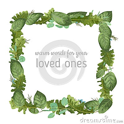 Festive square watercolor vector frame from foliage. Green rose Vector Illustration