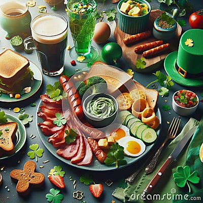 Festive St. Patrick’s Day feast with food, drinks, and decorations on a table. Stock Photo