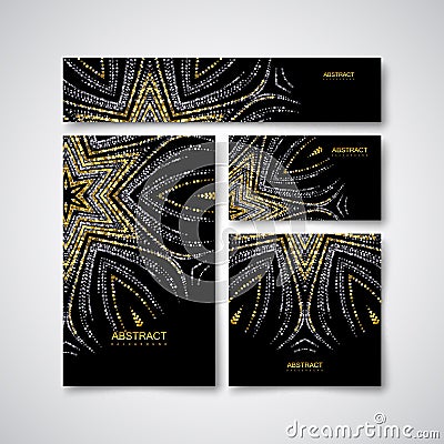 Festive stationery design template with glittering golden and silver paillettes ornament. Vector Illustration