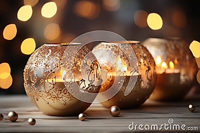 Festive still life with burning candles and Christmas decorations on bokeh background. Christmas composition for home interior Stock Photo