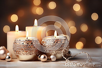 Festive still life with burning candles and Christmas decorations on bokeh background. Christmas composition for home interior Stock Photo