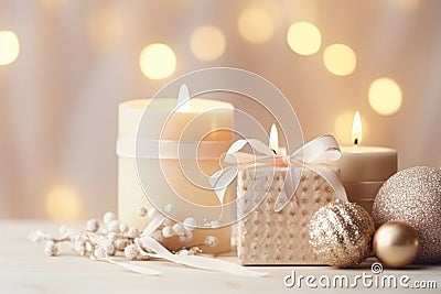 Festive still life with gift box, burning candles and Christmas decorations on bokeh background. Christmas composition for home Stock Photo