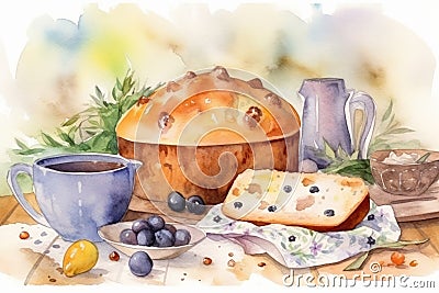 Festive still life with traditional Easter baked goods. Watercolor Stock Photo