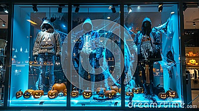 Festive store window display featuring halloween costumes with warm, inviting atmosphere Stock Photo