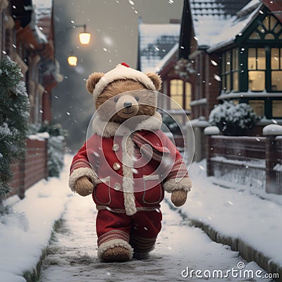 Festive Stroll: Teddy Bear in Christmas Attire Amidst Snowy Neighborhood Wonderland Stock Photo