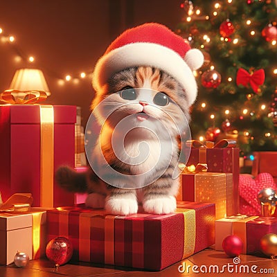 Festive Surprise cute kitten wearing christmas hat Stock Photo