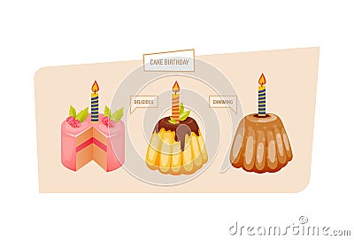 Festive sweet cakes and pastries, with glaze and delicious filling. Vector Illustration