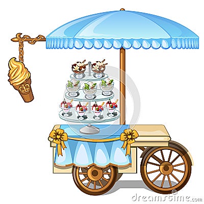 Festive table kiosk selling ice cream. Delicious ice cream with different topping on blue tablecloth Vector Illustration