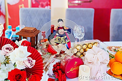 the festive table for the Korean celebration of the sixtieth anniversary Editorial Stock Photo