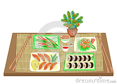 Festive table. New Year bouquet from a Christmas tree. Refined dishes of Japanese national cuisine, seafood, sushi, rolls, fish. Cartoon Illustration