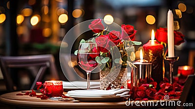 Festive table setting with elegant wine glasses and beautiful red roses on a Valentine's Day background Stock Photo