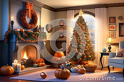 Festive Tableau: Essence of Easter, Halloween, Christmas, and Thanksgiving in a Whimsical Seasonal Fusion Stock Photo