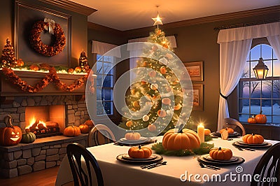 Festive Tableau: Essence of Easter, Halloween, Christmas, and Thanksgiving in a Whimsical Seasonal Fusion Stock Photo