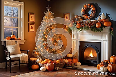 Festive Tableau: Essence of Easter, Halloween, Christmas, and Thanksgiving in a Whimsical Seasonal Fusion Stock Photo