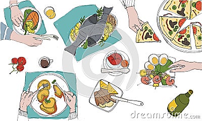 Festive tableful, laid table, holidays hand drawn colorful illustration, top view Vector Illustration