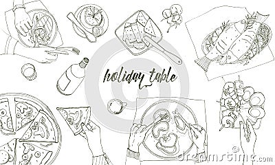 Festive tableful, laid table, holidays hand drawn contour illustration, top view. Background with place for text. Vector Illustration