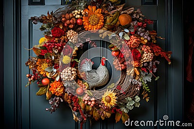 Festive Thanksgiving wreath with leaves and pumpkins on a door, generative AI Stock Photo