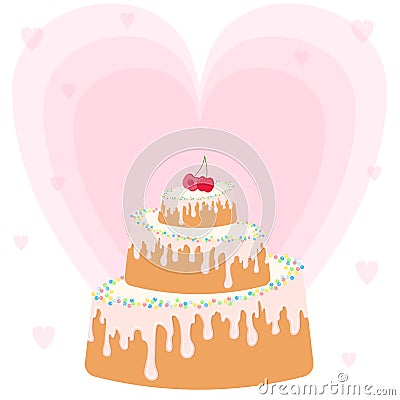 Festive three-tier cake in a delicate pastel color. Background in the shape of a heart. Vector Illustration