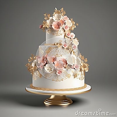 Festive three tier wedding cake. Creative dessert concept. Generative AI Stock Photo