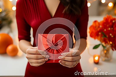 Festive tradition Asian woman gives red envelope for Lunar New Year Stock Photo