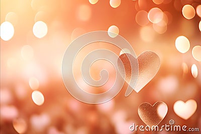 Festive Valentines day background. Blurred heart shape bokeh on peach fuzz background Stock Photo