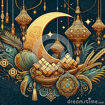 A festive vector art of ramadan, with Eid ketupat, crescent moon, ramdan ornaments, stars, happines, Islamic design Stock Photo