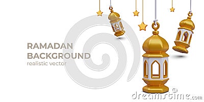 Festive vector background for Ramadan greetings. Golden Arabic lanterns sway in wind Vector Illustration