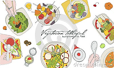 Festive vegetarian tableful, laid table, holidays hand drawn colorful illustration, top view. Background with place for Vector Illustration