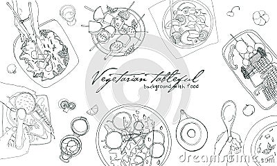 Festive vegetarian tableful, laid table, holidays hand drawn contour illustration, top view. Background with place for Vector Illustration