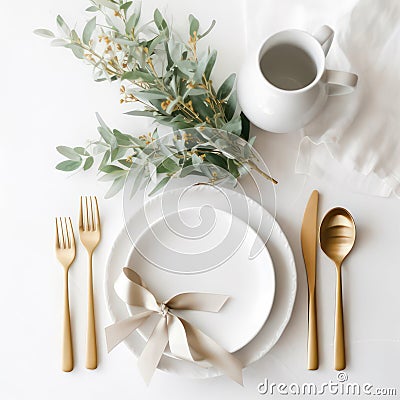 Festive table setting with golden cutlery on white table background. Flat lay, top view. Empty created with Generative AI Stock Photo
