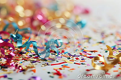 Festive Whitespace: White carnival Background with Colored Confetti and Streamers. Stock Photo