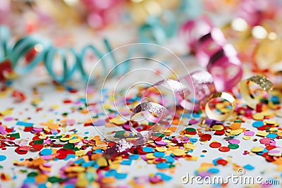 Festive Whitespace: White carnival Background with Colored Confetti and Streamers. Stock Photo