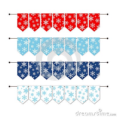 Festive winter bunting flags with snowflakes in traditional colors Vector Illustration