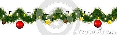 Festive winter garland for websites. Christmas and New Year festoon with coniferous torse, holiday lights, star, glass ornaments a Vector Illustration