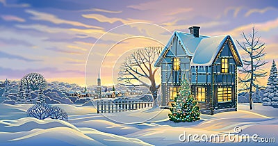 Festive winter landscape with a festively decorated house and Christmas tree Cartoon Illustration