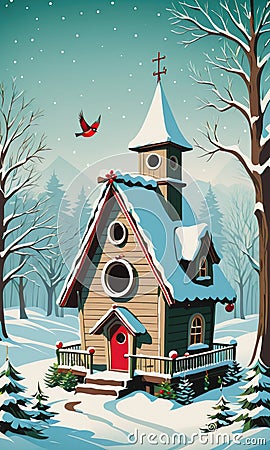 A Festive Winter Scene: Christmas Birdhouse Backdrop Stock Photo