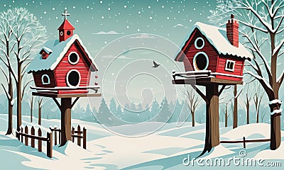 A Festive Winter Scene: Christmas Birdhouse Backdrop Stock Photo