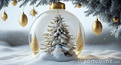 A festive wintery landscape of golden and white Christmas ornaments. Generative AI Stock Photo