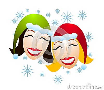 Festive Women Santa Hats Snow Cartoon Illustration