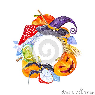 Festive wreath for Halloween pumpkin,fly agaric,broom,bats,magic hat and potion bottle. Watercolor illustration isolated on white Cartoon Illustration