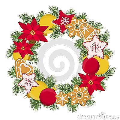 Festive wreath made of fir branches, poinsettia, glass toys, Christmas homemade cookies and handmade stuffed toys Stock Photo