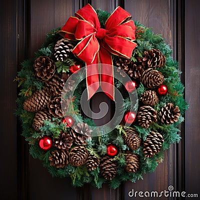 A festive wreath made up of pine cones and holly berries, Stock Photo