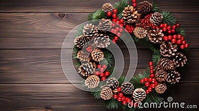 A festive wreath made up of pine cones and holly berries, Stock Photo