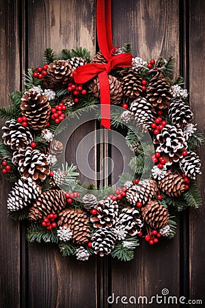 A festive wreath made up of pine cones and holly berries, Stock Photo